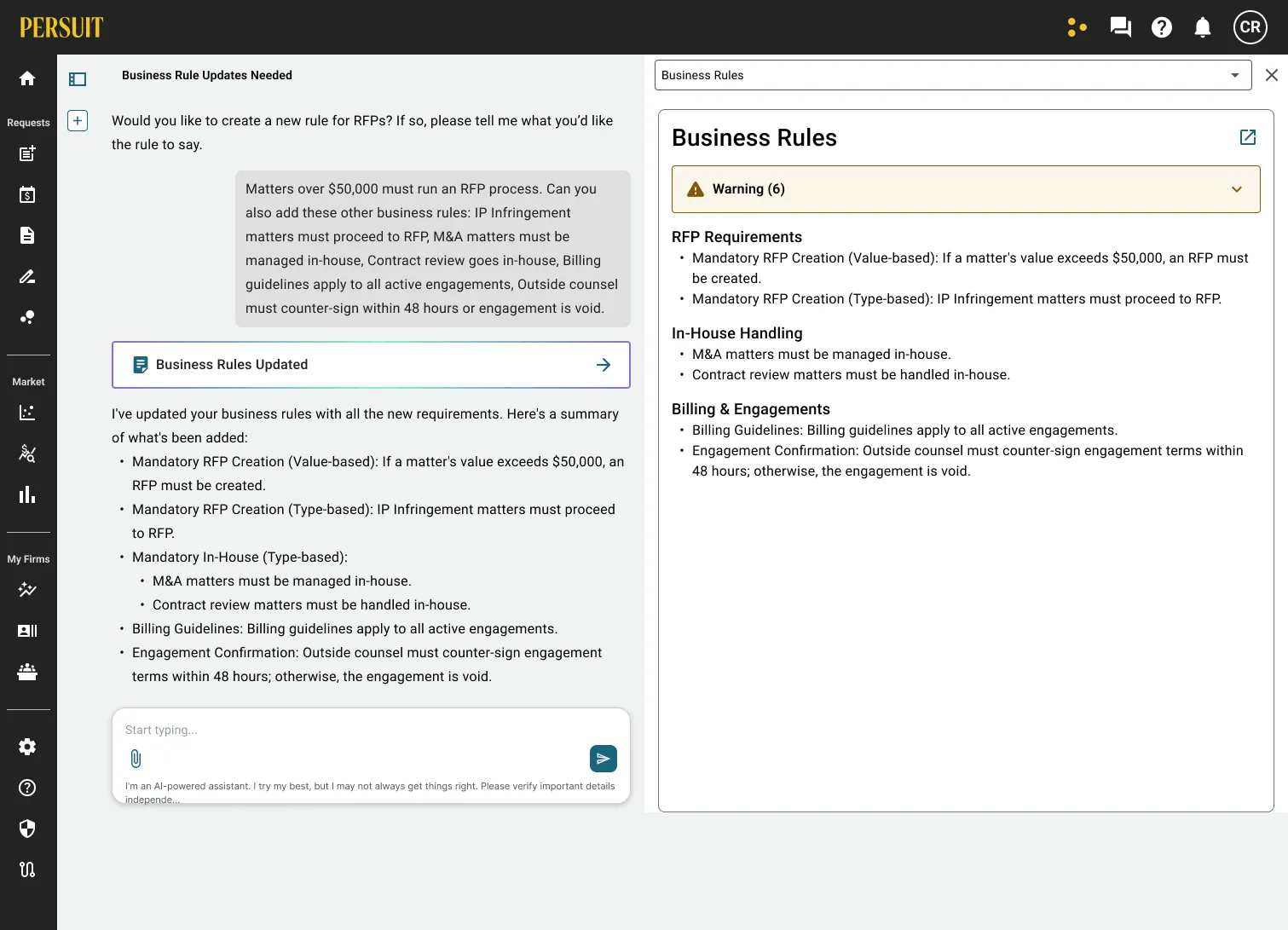 Persi confirming a set of business rule updates, with the conversation on the left and an artifact panel on the right listing the new RFP requirements, in-house handling rules, and billing and engagement terms, with a collapsed warning at the top