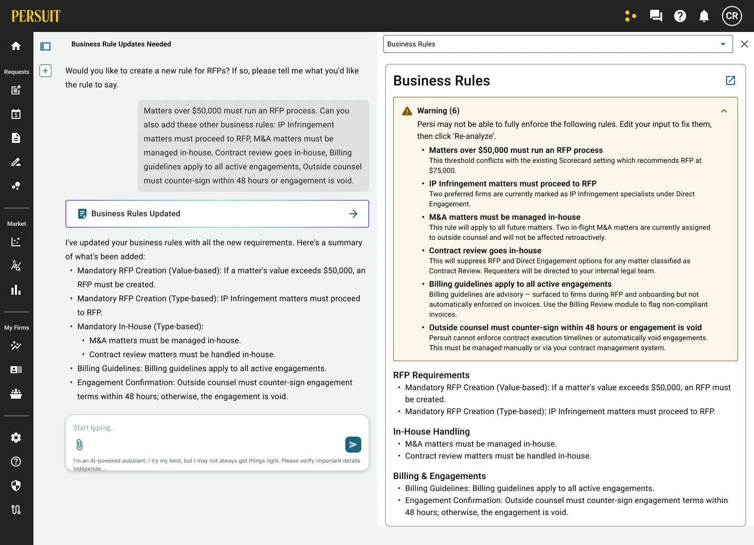 The same artifact panel with its warning expanded, listing the specific rules the user must confirm before the changes take effect, each stated in full