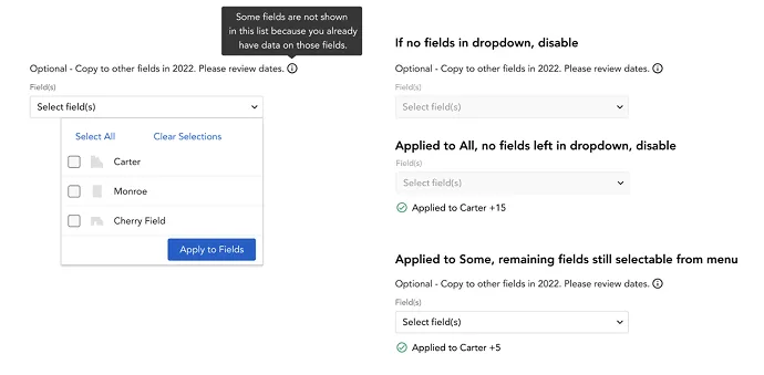 Three states of the bulk entry control: applying a value to all fields, to some fields via a multi-select, and a disabled state when no fields remain