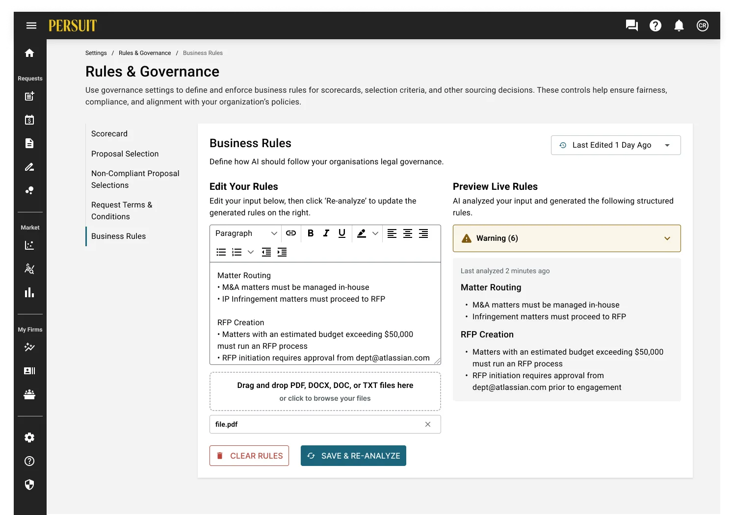 Rules and governance screen where a user edits business rules in plain language on the left and Persi generates the structured matter routing, RFP creation, and in-house handling rules on the right