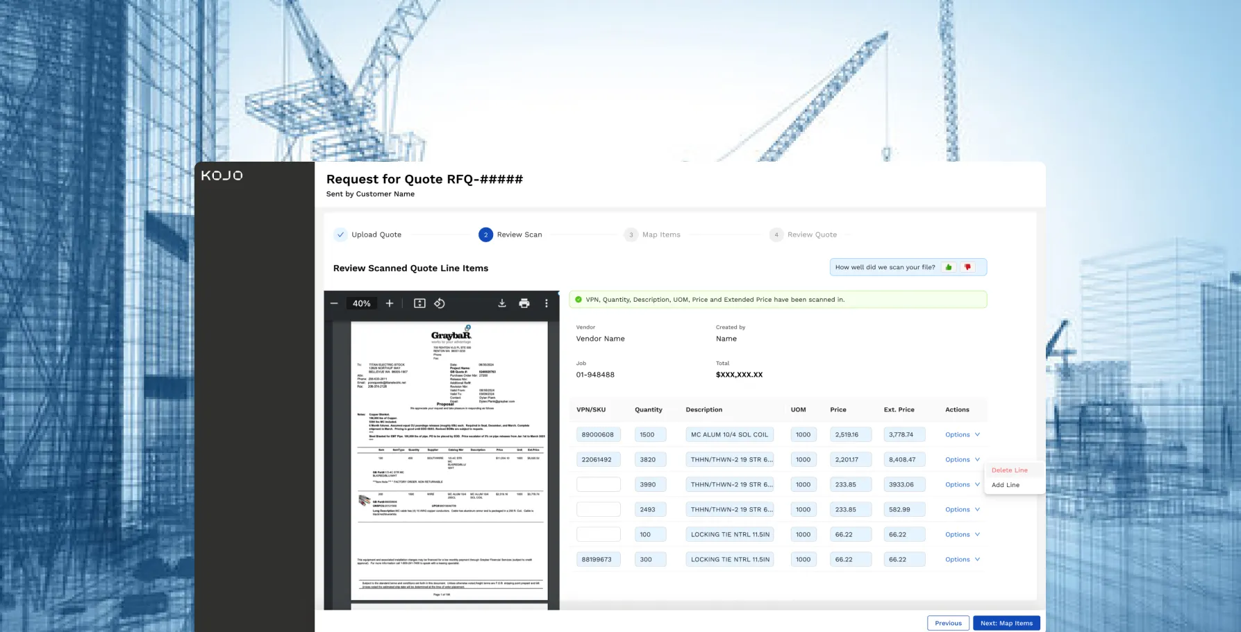 Kojo's redesigned bid portal shown on desktop and mobile over a photograph of a glass high-rise under construction