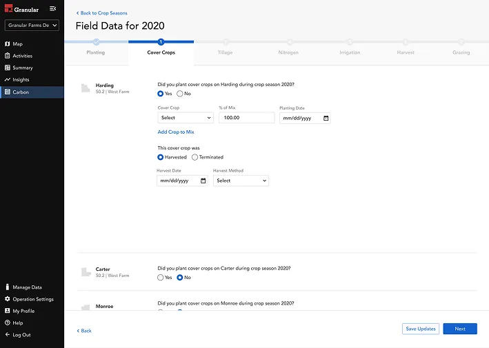 Field data entry form asking whether cover crops were planted during the 2020 crop season, with yes and no options and conditional follow-up questions