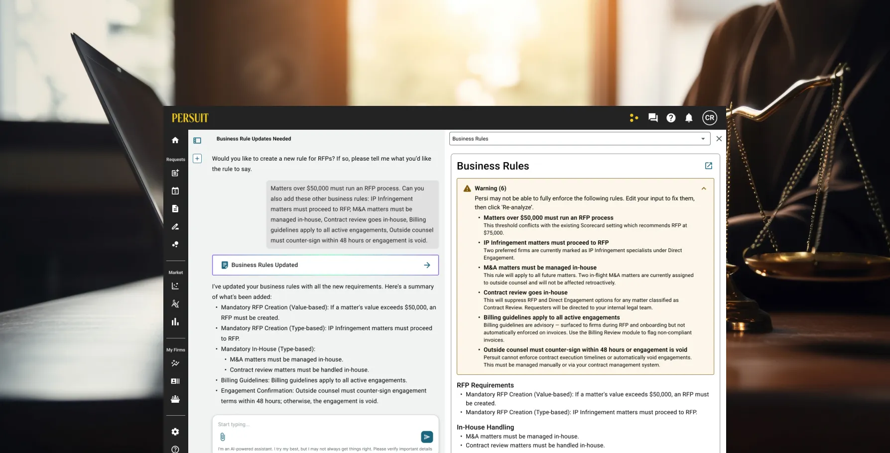 The Persi interface shown on a laptop against a dark office background, with the conversation on the left and an expanded Business Rules artifact panel on the right