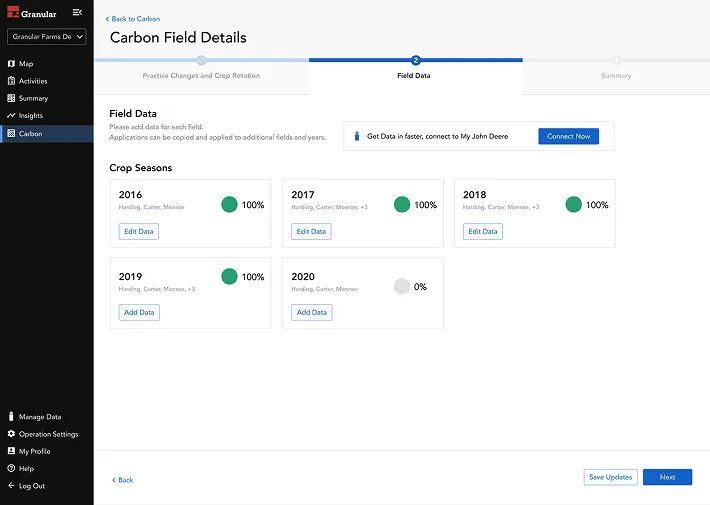 Carbon field details screen showing crop seasons from 2016 to 2020 as separate cards, each with a completion percentage and an edit button