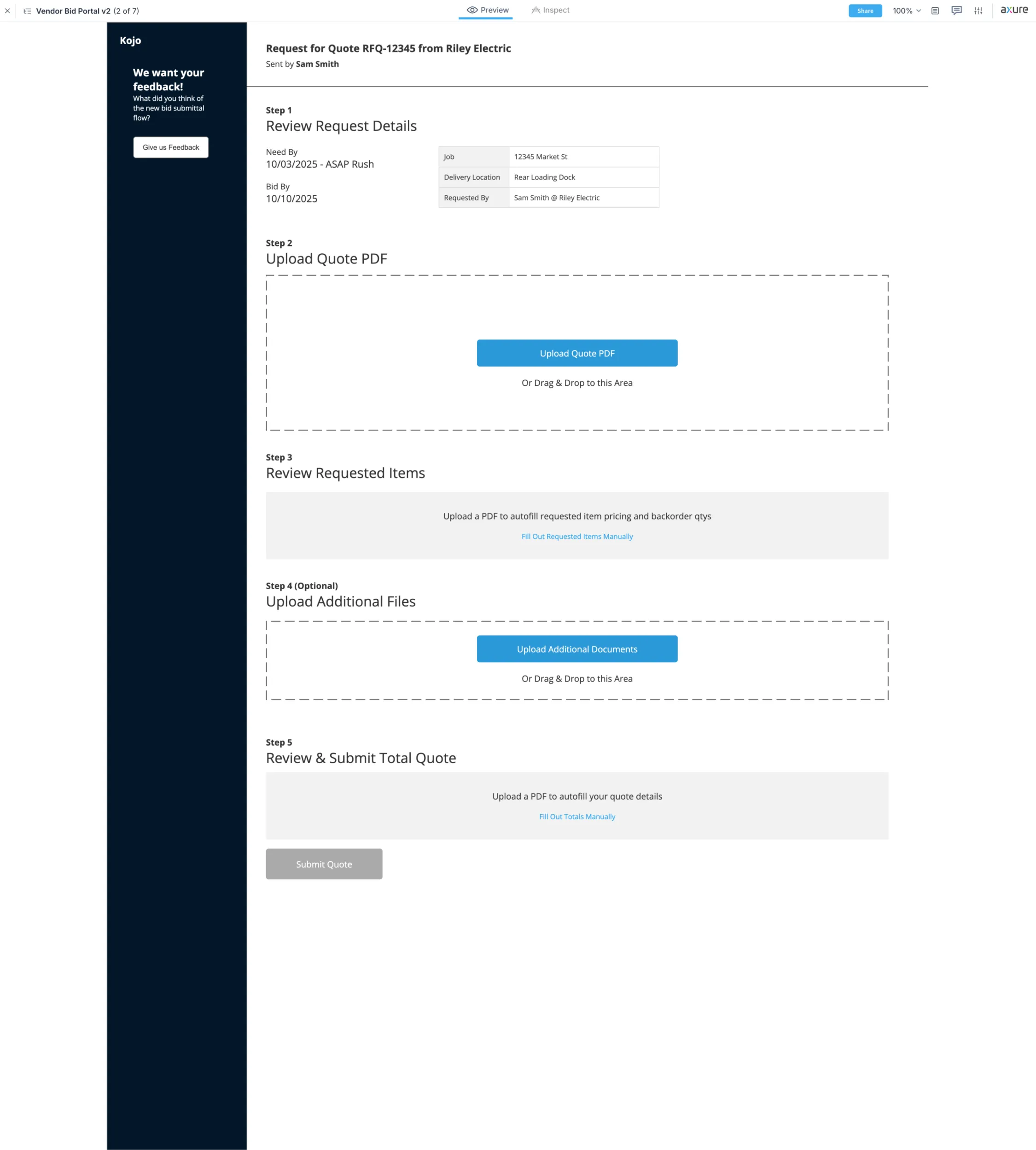 Existing bid portal showing a vertical sequence of steps for uploading a quote PDF, reviewing requested items, and submitting the total quote, all stacked on a single page