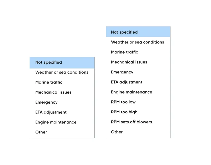 Two versions of the deviation reason dropdown side by side. The shorter list has options including weather or sea conditions, marine traffic, mechanical issues, emergency, and ETA adjustment. The longer list adds RPM too low, RPM too high, and RPM sets off blowers.