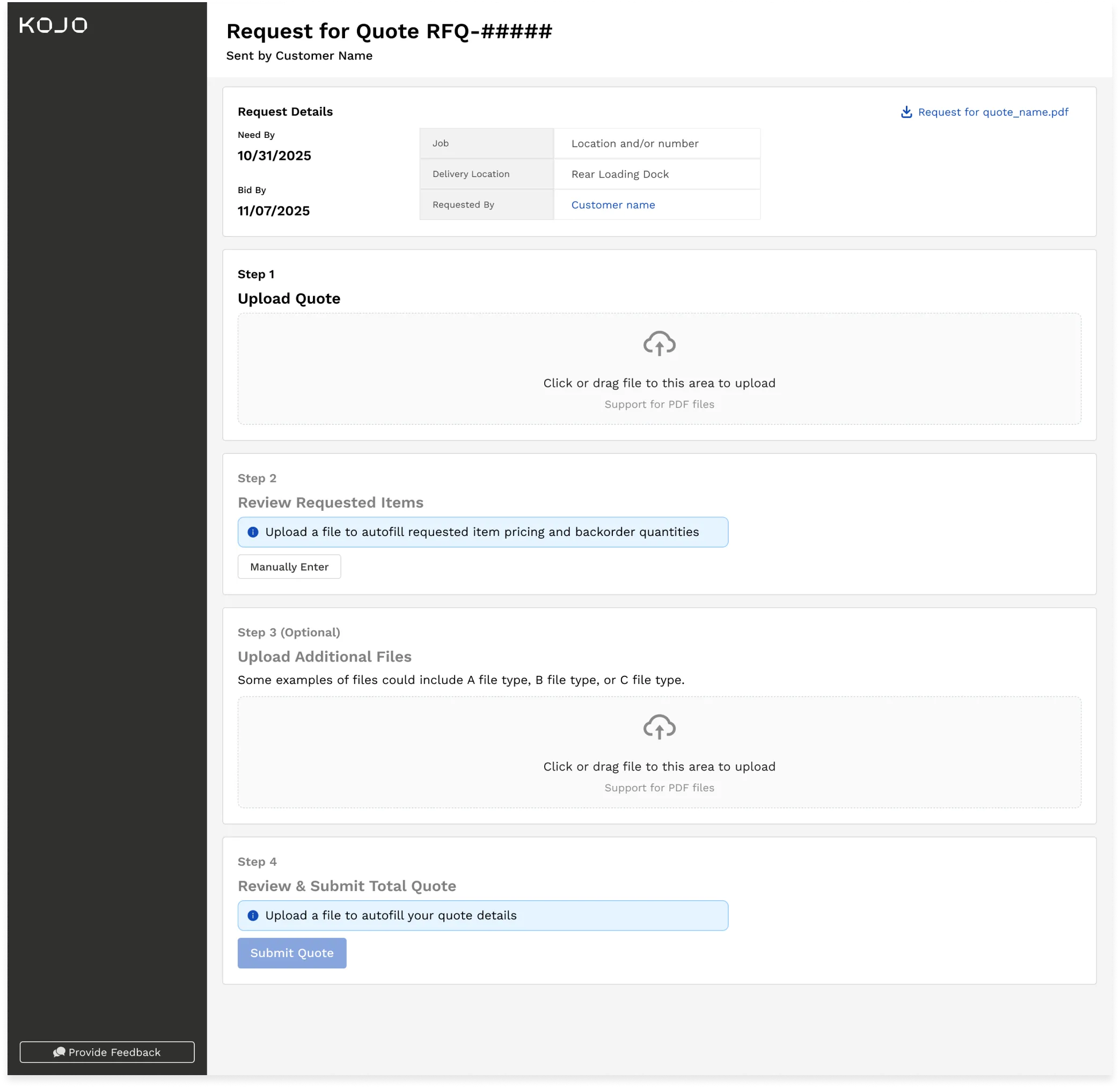 First iteration: a single page containing upload quote, review requested items, and submit total quote as three sequential sections