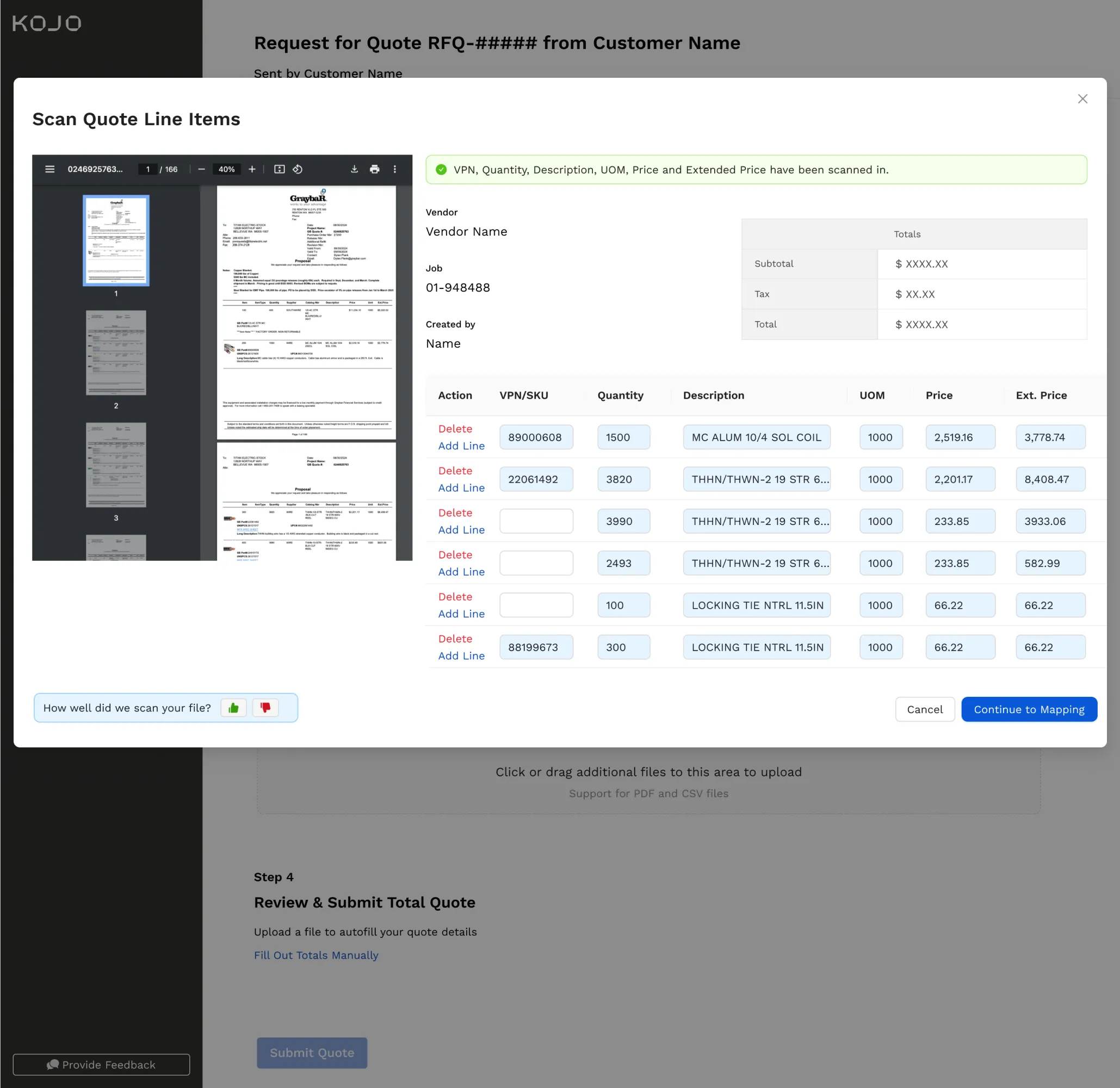 Scan review screen with the original quote PDF displayed on the left and the extracted line items in an editable table on the right, with a confirmation banner above