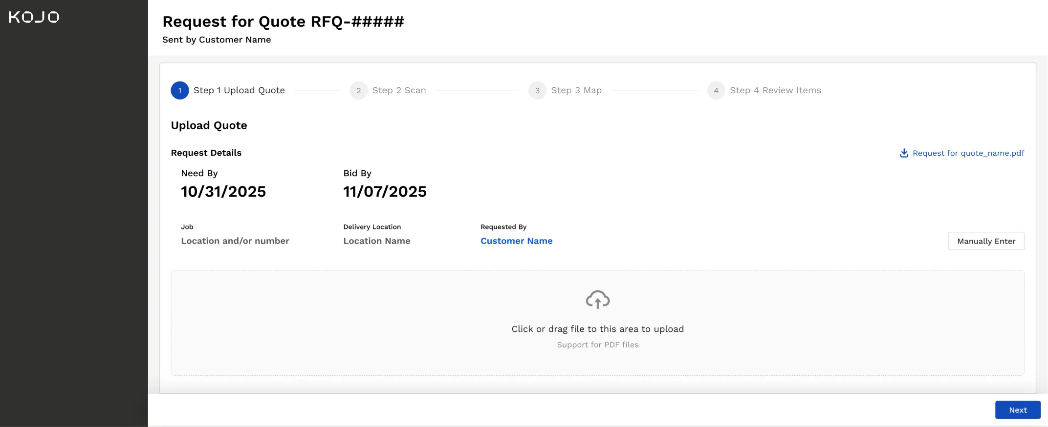 Second iteration: a dedicated upload page with a four-step progress stepper across the top and a large drag-and-drop zone below