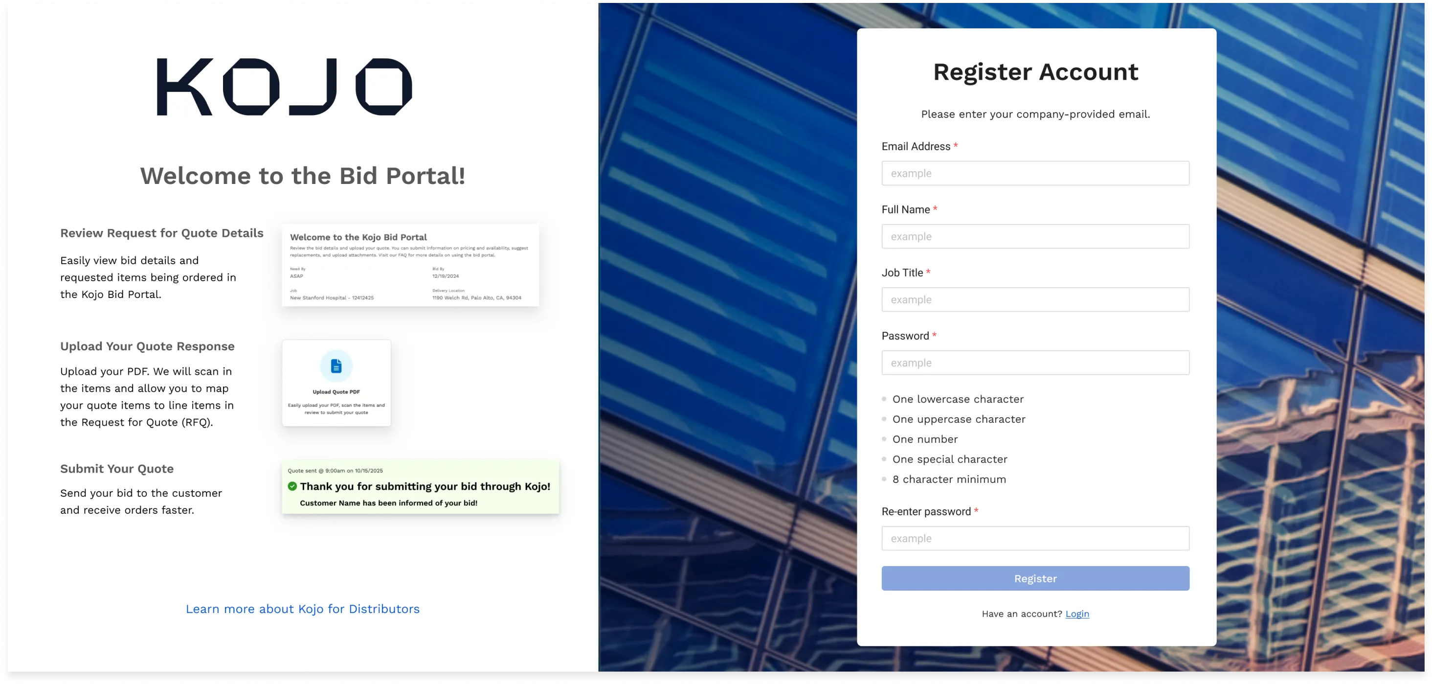 Account registration screen for the Kojo bid portal, alongside a welcome panel explaining how to submit a quote