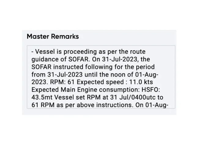 Close-up of a master remarks entry in which a captain records that the vessel proceeded per Sofar route guidance, with the instructed RPM of 61 and expected speed of 11 knots