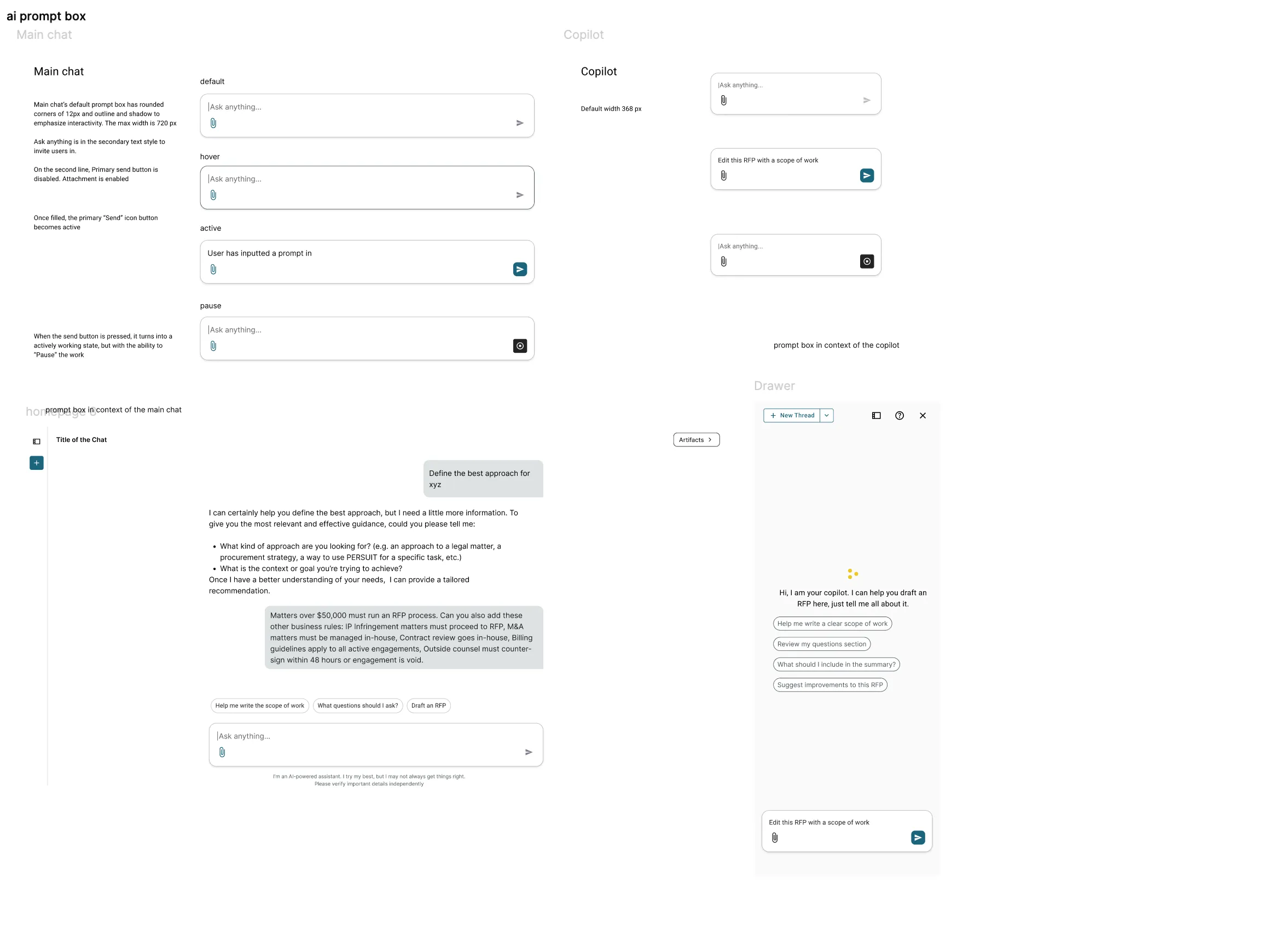 Specification for the prompt box component showing its states across empty, focused, filled, disabled, and error, with annotations for each